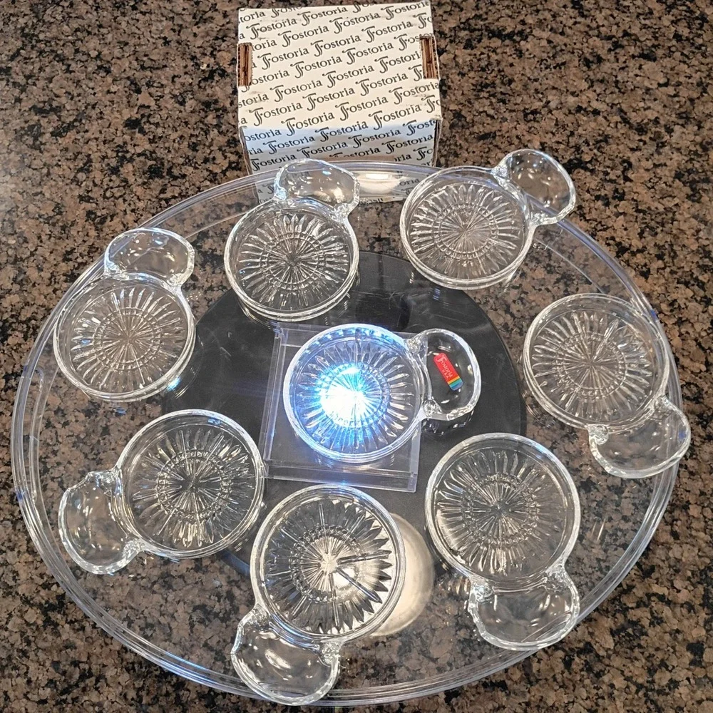 Set of 8 Fostoria American Clear Glass Coasters with Spoon Rest Tab Vintage USA
